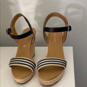 BCBGeneration Black and Metallic Striped Espadrille Wedge Sandals